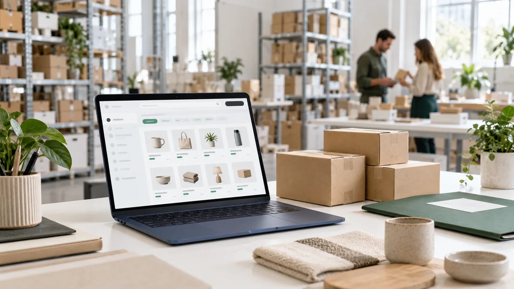 Illustrative ecommerce workspace with a product catalog and parcels