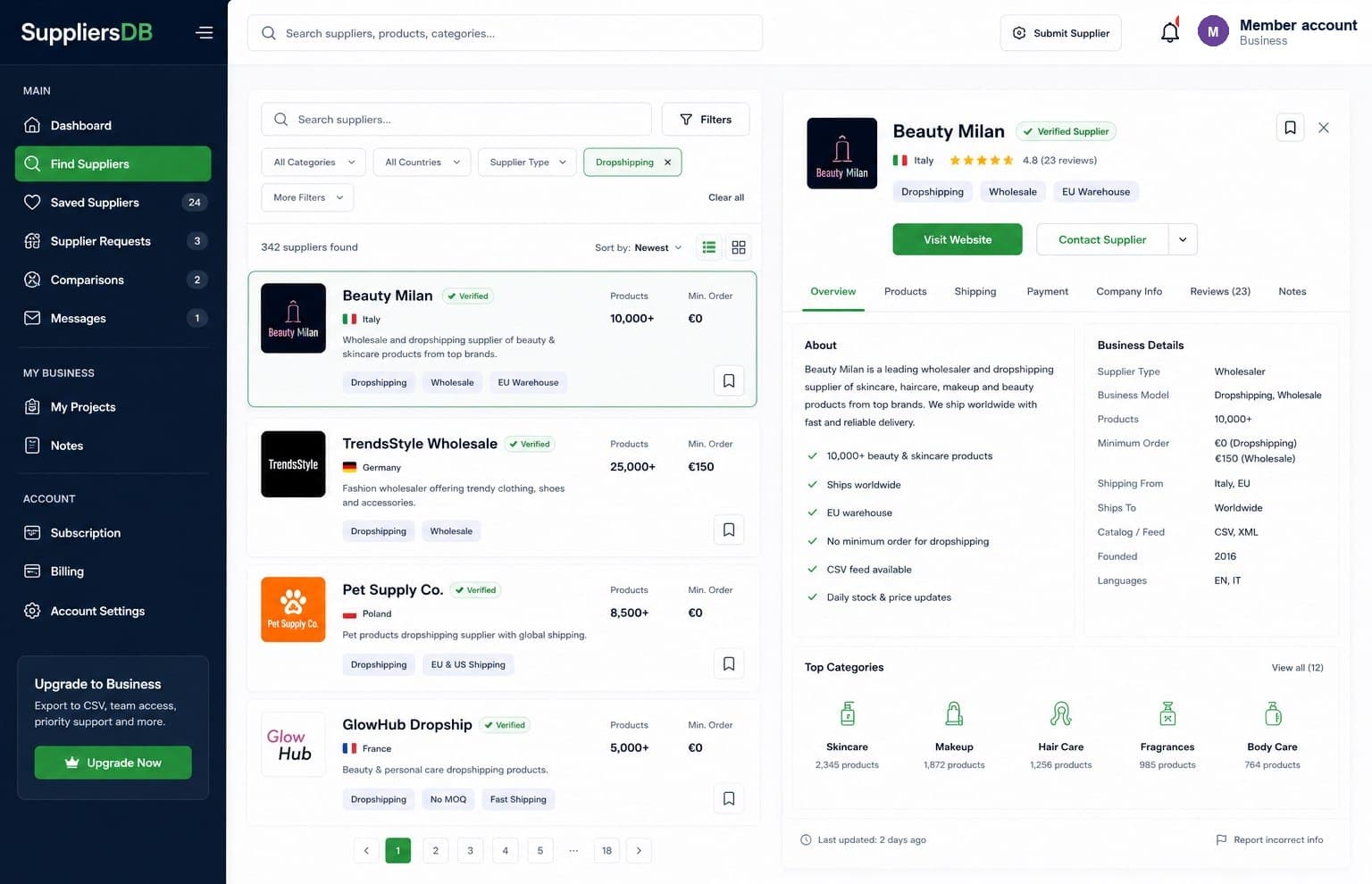 Dropshipping supplier database screen