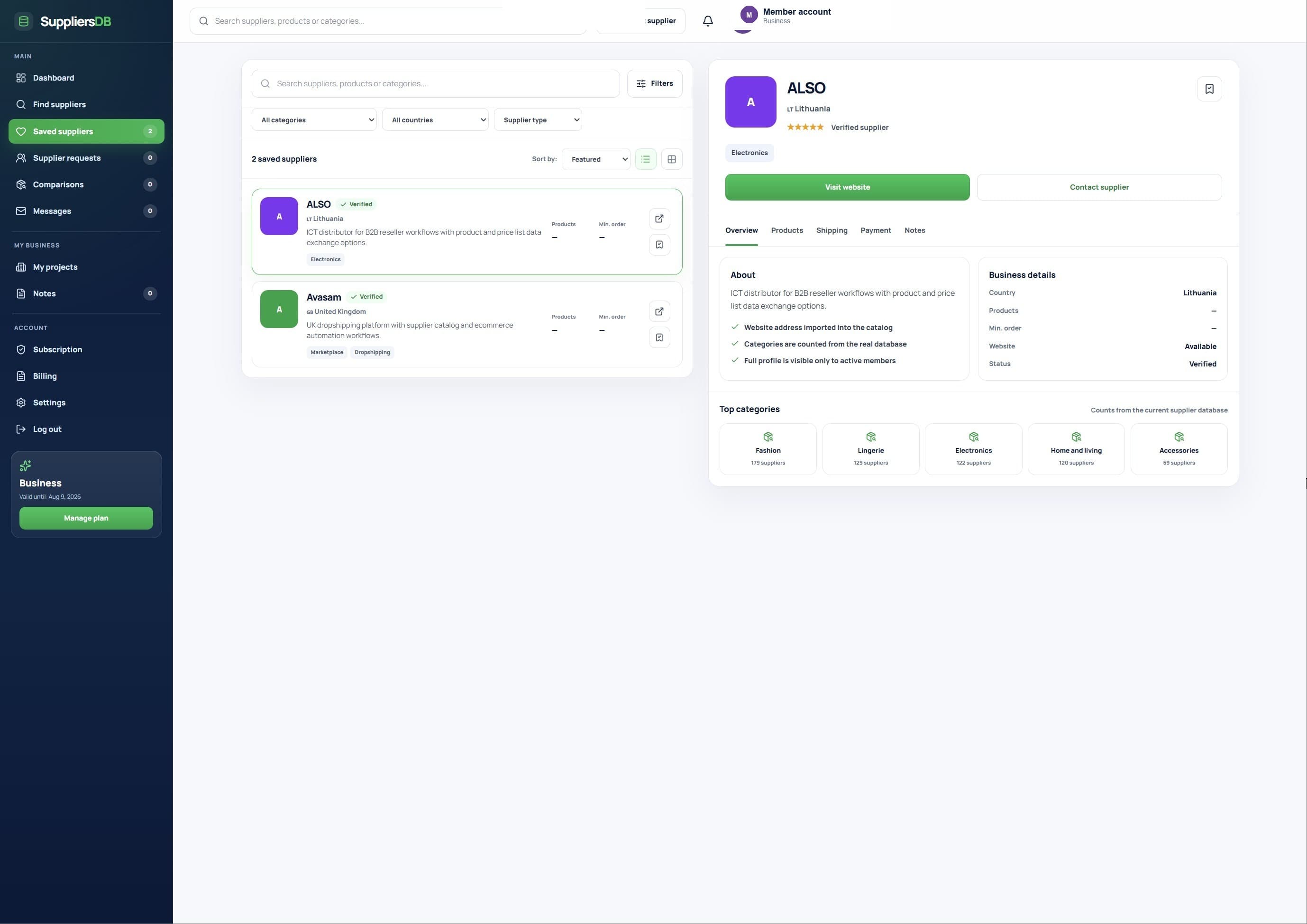 SuppliersDB saved suppliers and supplier profile workspace