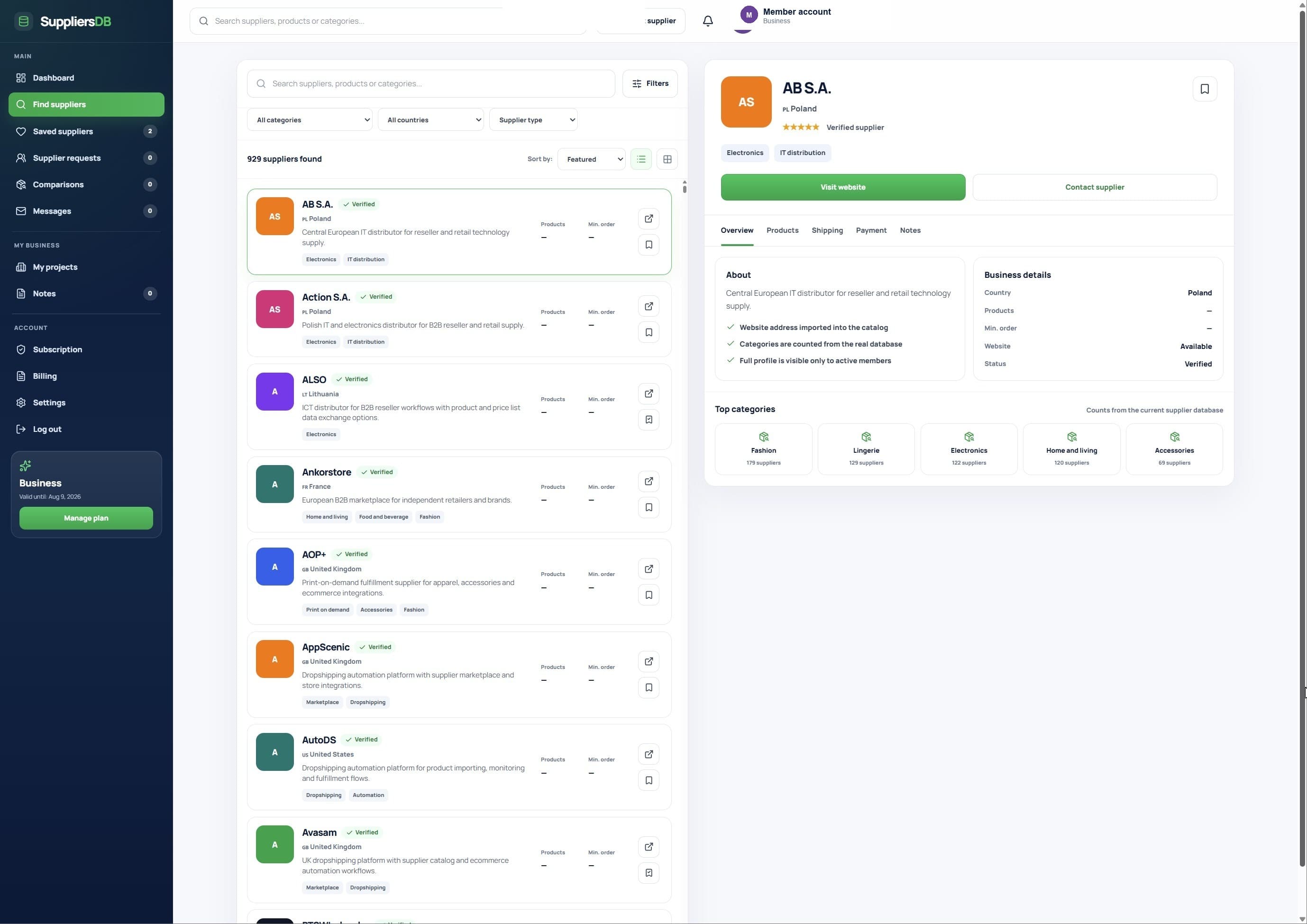 European supplier search workspace